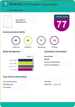 Pearson PTE Academic score report showing Tabassum's PTE overall score improving from 72 to 77 after practicing with Gurully.