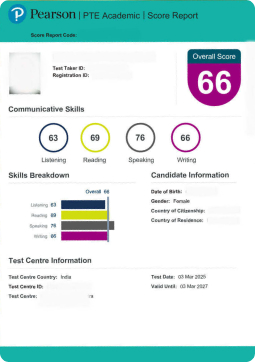 Pearson PTE Academic score report showing Nilofer's PTE overall score improving from 67 to 73 after practicing with Gurully.