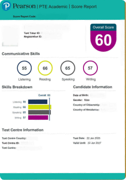 Pearson PTE Academic score report showing Parminder's PTE overall score improving from 54 to 60 after practicing with Gurully.