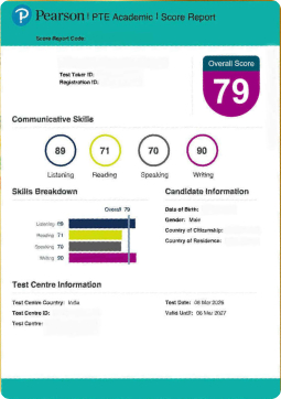 Pearson PTE Academic score report showing Arya's PTE overall score after improving through Gurully PTE mock tests.